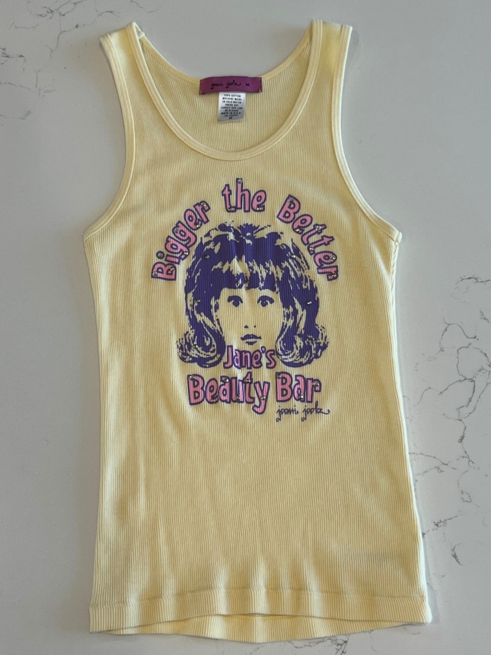 RARE Y2K Joomi Joolz Rhinestone Tank –“Bigger the Better / Jane’s Beauty Bar”- M